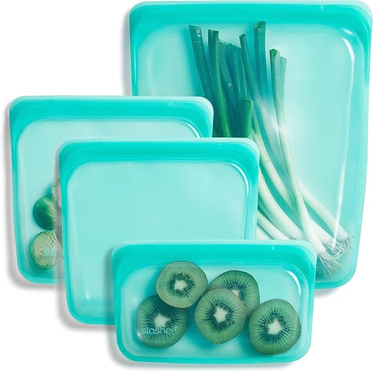 Stasher Premium Reusable Silicone Food Storage Bags, 4-Pack, Aqua | Food-Safe Silicone, Eco-Friendly, Reusable Freezer Bags, Microwave, Dishwasher, Oven, Snack Bags, Lunch Containers, Meal Prep by Stasher