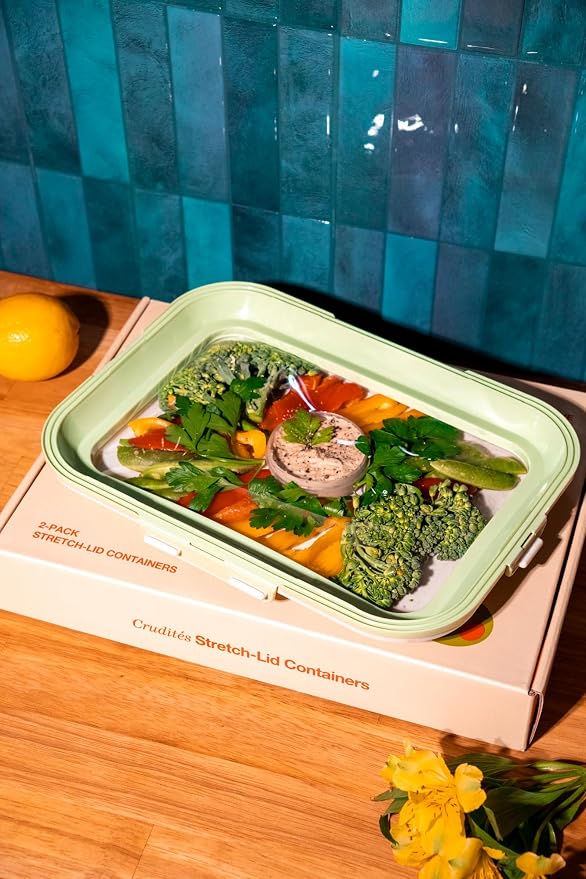 Crudités Portable Stretch-Lid Snack Tray, Rectangle 2-Pack, Sage Green - Image 4