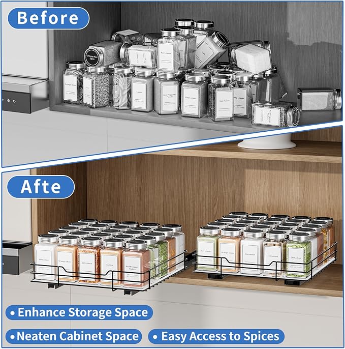 BOIVSHI Pull Out Spice Rack, Slide Out Spice Rack for Cabinet, Spice Organizer for Kitchen and Pantry, Fits Spices, Sauces, Canned Food (10.5''Wx10.5''Dx2.5''H) - Image 5