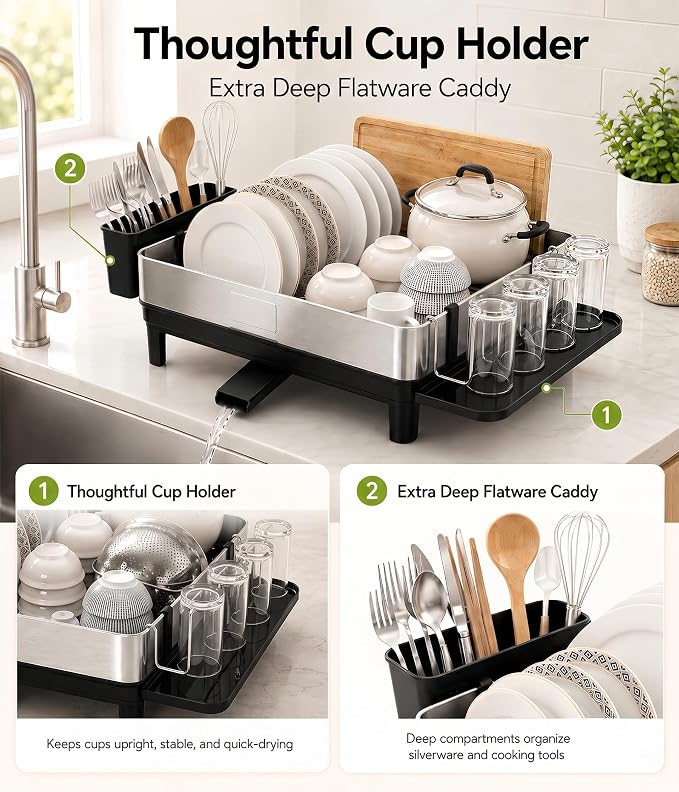 Dish Drying Rack, 17-Inch Dish Drainer for Countertop, Stainless Steel | 4-Way Adjustable Drainage Spout, Removable Cup & Chopstick Holder, Tool-Free Setup, Rustproof Utensil Holder for Kitchen Sink - Image 4