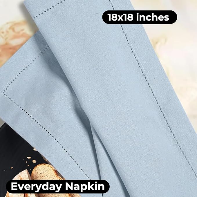 Bedding Craft Hemstitched Cotton Cloth Dinner Napkins Set of 12 – 18x18 Winter Sky Blue – Machine Washable Reusable Fabric Napkins for Weddings, Parties & Everyday Dining - Image 4
