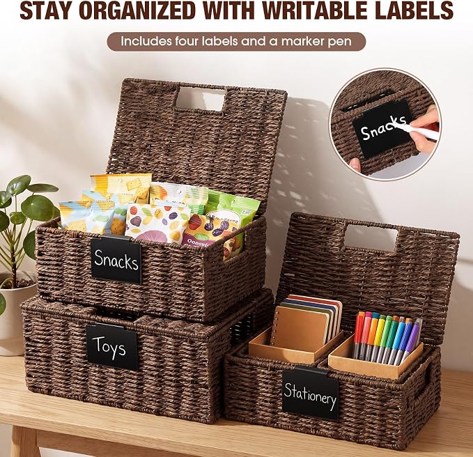 Yookeer 5 Pcs Woven Paper Rope Storage Baskets with Lid and Handles, Brown Large Storage Organizer with Labels, Stackable Rectangular Boho Decorative Baskets for Toys Shelves Bedroom - Image 3
