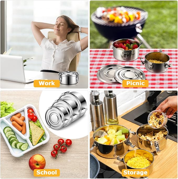 Zopeal 6- Piece Stainless Steel Food Storage Containers with Lids Leakproof Metal Lunch Boxes Stackable Reusable Canisters for Camping Trips Picnic Snacks Salad Soups, 3 Sizes(22oz, 34oz, 54oz) - Image 7