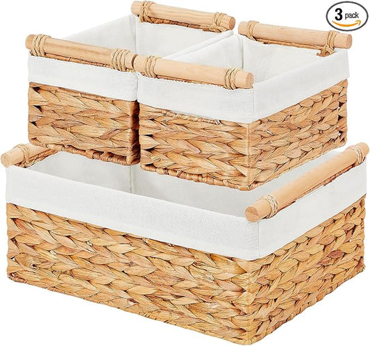 Wicker Storage Basket, 3-Packs Water Hyacinth Storage Baskets for Organizing, Large Cube Storage Organizer Baskets Bins with Handles for Shelves Decor, Small Toilet Paper Storage Basket by Vagusicc