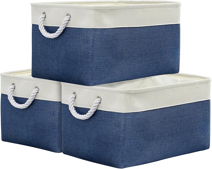 Organization and Storage Basket for Organizing - X Large 3 Pack 17.7L×13.8W×9.8H in Collapsible Storage Bin for Shelves, Basket for Gifts Empty Toys Organizer Gift (White & Jean Blus) by TheWarmHome