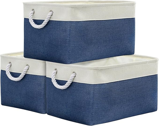 Organization and Storage Basket for Organizing - X Large 3 Pack 17.7L×13.8W×9.8H in Collapsible Storage Bin for Shelves, Basket for Gifts Empty Toys Organizer Gift (White & Jean Blus) by TheWarmHome