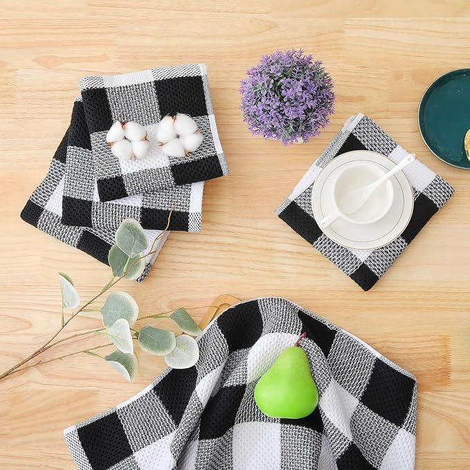 Homaxy Kitchen Towels and Dishcloths Set, Set of 10, White & Black | Bulk Cotton Waffle Weave Check Plaid Kitchen Towels, Super Soft and Absorbent Dish Cloths, 12 x 12 and 13 x 28 Inches - Image 7