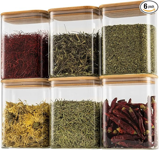 D2scrma 37oz Rectangle Airtight Glass Storage Containers with Bamboo Lids (Set of 6), Square Food Storage Jar, Pantry Organizers for Cereal, Nuts, Snacks and Coffee beans (‎with Black Lable) by Delicatedtoservicecustomer