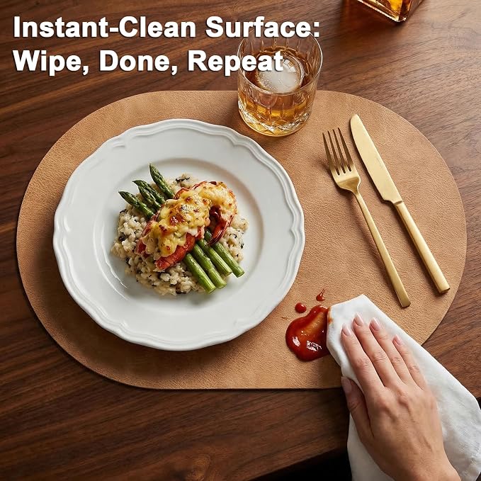 Oval Placemats 2mm Ultra Thick Faux Leather Table Mats, Heat Resistant Waterproof Wipeable Dining Mats for Kitchen Table, Set of 4, Soft Apricot - Image 4