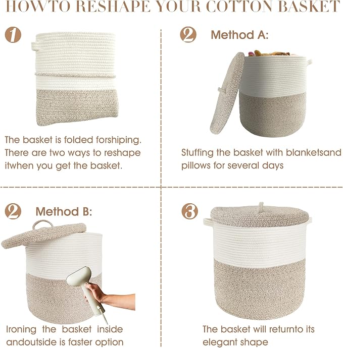 Large Storage Basket with Lid 60L, 16"Wx18"H Woven Laundry Hamper Basket with Handle, Room Decor Cotton Rope Wicker Basket Toy Organizer Bins for Clothes Blankets Pillows, Beige/White Mix includes Lid - Image 5