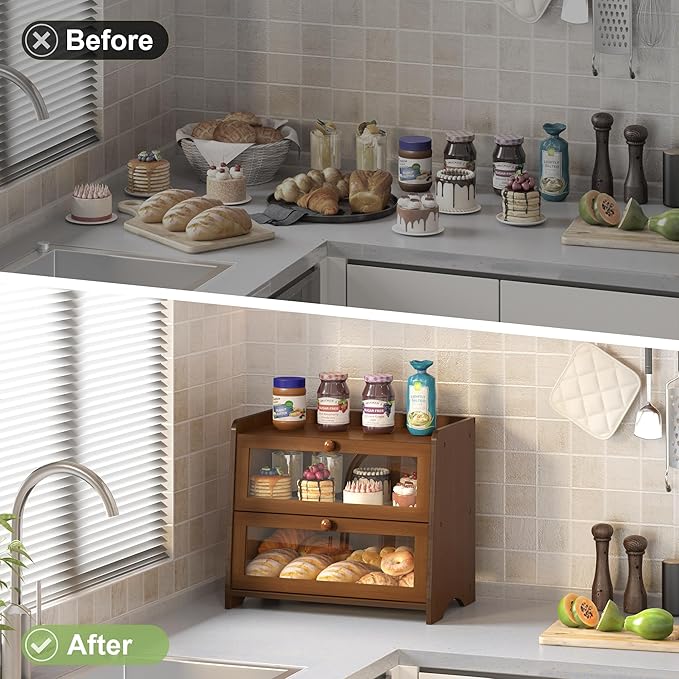 Double Layer Bread Box Container for Kitchen Countertop Homemade Bread | Large Breadbox Storage Wooden Farmhouse Bread Holder (Brown, Medim-15.7" L x 9.5" W x 13" H) - Image 4