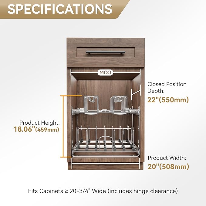 2-Tier Pots and Pans Organizer Under Cabinet Kitchen 21" W *22" D | Pull out Cabinet Organizer for Pots, Pans, and Lid Cookware, Adjustable Heavy Duty Wire Pan and Pot Rack, Full-Extension Rail - Image 5