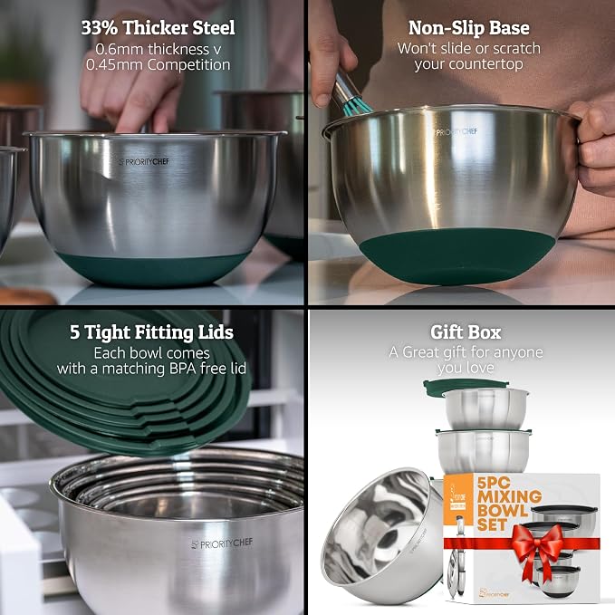 Premium Mixing Bowls With Airtight Lids Set, Thicker Stainless Steel Mixing Bowl Set, Large Prep Metal Bowls with Lids, Nesting Bowls for Kitchen, 1.5/2/3/4/5 Qrt, Green - Image 2