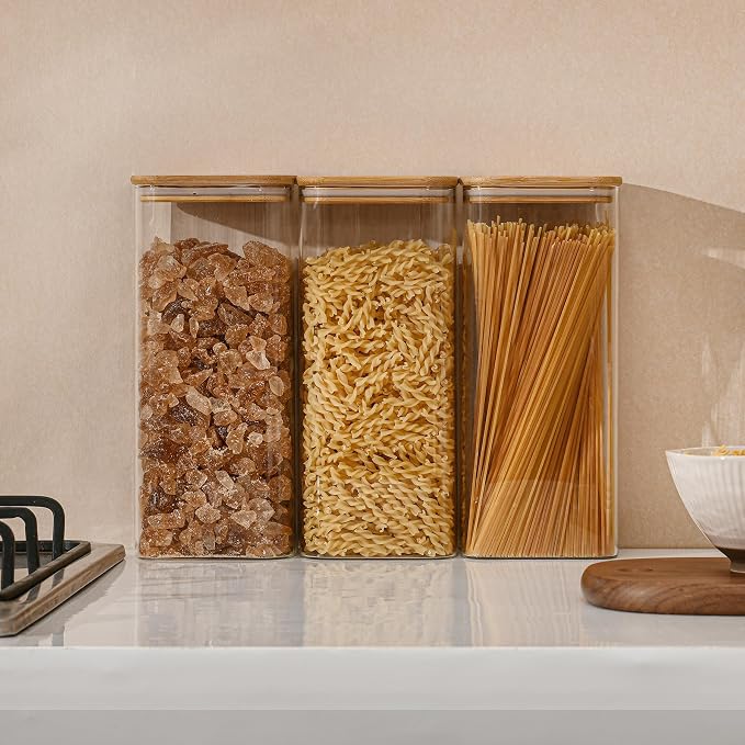 D2scrma 71oz Rectangle Airtight Glass Storage Containers with Bamboo Lids (Set of 4), Square Food Storage Jar, Pantry Organizers for Sugar, Flour, Spaghetti and Coffee beans (‎with Black Lable) - Image 8
