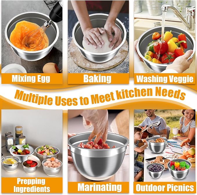 Mixing Bowls with Airtight Lids Set, 4 Stainless Steel Bowls Nesting Bowls & Colander, Kitchen Organizers and Storage Non-Slip Bottom, Size 1.5/2.0/2.5/4.5QT, Great for Mixing & Serving, Khaki - Image 5