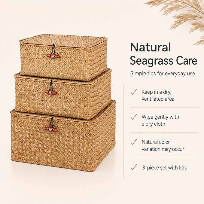 Square Handwoven Seagrass Wicker Storage Baskets with Lids, Set of 3 | Attached lids and internal iron frames help each basket hold its shape; compatible with IKEA KALLAX cube shelving. - Image 8