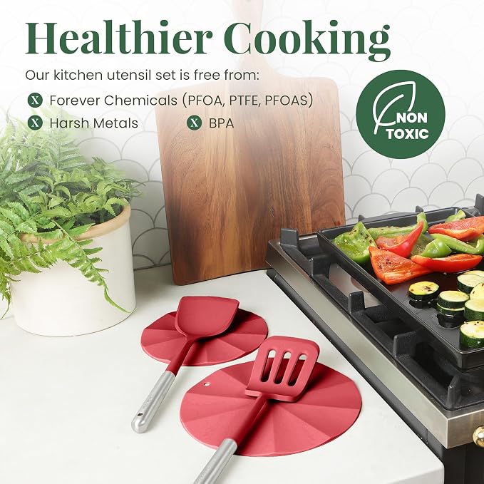Larder & Vine 12-Piece Silicone Kitchen Cooking Utensils Set with Stainless Steel Handle and Ceramic Holder, Dishwasher Safe Set of Kitchen Essentials (Cabernet) - Image 5