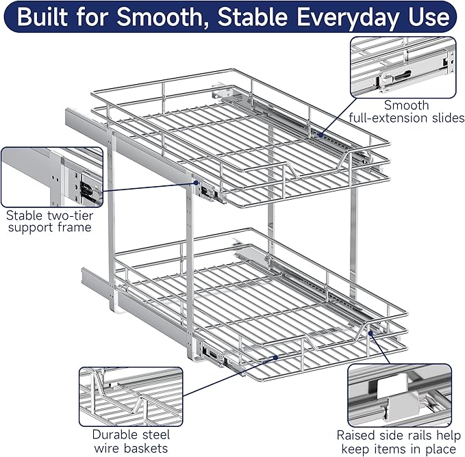 2-Tier Pull Out Cabinet Organizer, 15.5" W x 21.5" D, Heavy Duty Dual Slide Out Shelves for Base Cabinets, Chrome Wire Basket Drawer for Pantry, Kitchen & Bathroom Storage - Image 5