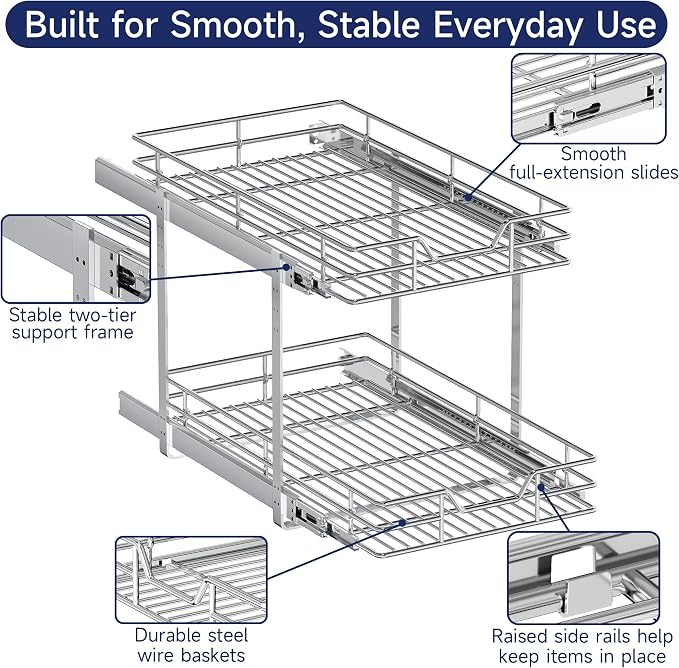 2-Tier Pull Out Cabinet Organizer, 13.5" W x 21.5" D, Heavy Duty Dual Slide Out Shelves for Base Cabinets, Chrome Wire Basket Drawer for Pantry, Kitchen & Bathroom Storage - Image 5