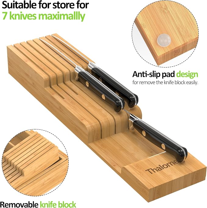 Bamboo Kitchen Drawer Organizer, Expandable Silverware Organizer with Removable Knife Block, 6-8 Slots- Utensil Holder & Cutlery Tray Drawer Dividers, 2.36" Deep for Extra Capacity, Natural - Image 8