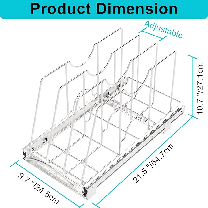 Pull Out Cookie Sheet Organizer, 10" W x 22" D x 11" H, Chrome | For Cabinet, Pan and Pot, Cutting Board, Bakeware, Tray Organizer Rack, Sliding Rack- Heavy Duty, Adjustable Divider Width - Image 2