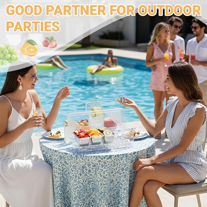 Large Ice Chilled Condiment Server Caddy with 5 Stainless Steel Removable Compartments, Clear Plastic Garnish Tray with Lid, 5 Forks and 2 Tongs, Fruit, Salad, Taco, Bar Platter for Party Bar Supplies - Image 4