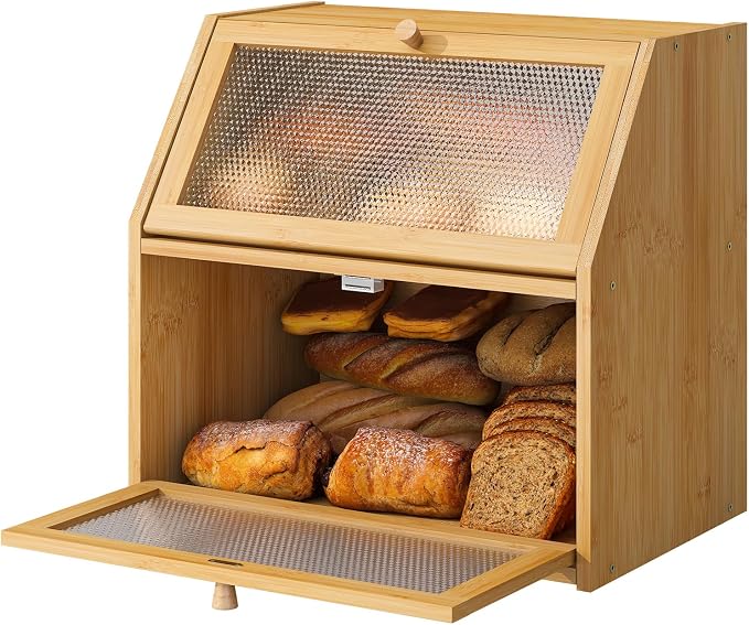 STDDRE Bread Box for Kitchen Countertop Bin Double Layer Bread Box Storage Container Extra Large Capacity with Diamond Pattern Windows (Natural, Extra Large) by LifeTakesaDifferentTurn