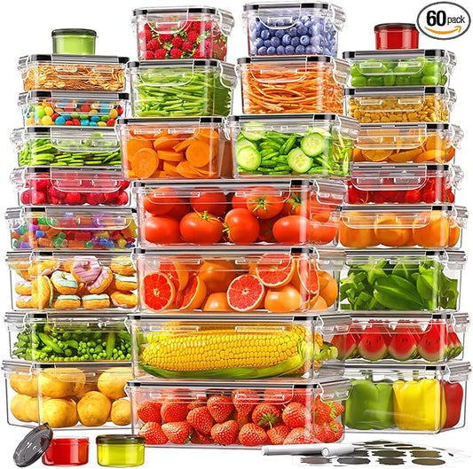 KEMETHY 60 PCS Food Storage Containers with Lids Airtight, Total 737oz, BPA-free, Food-grade, Eco-friendly Material, Leak Proof Plastic Containers, Microwave/Dishwasher Safe by KEMETHYFocusesonCreatingEfficientStorageProductswithQualityMaterials