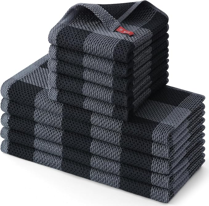 Homaxy Kitchen Towels and Dishcloths Set, Set of 10, Black & Grey | Bulk Cotton Waffle Weave Check Plaid Kitchen Towels, Super Soft and Absorbent Dish Cloths, 12 x 12 and 13 x 28 Inches by Homaxy