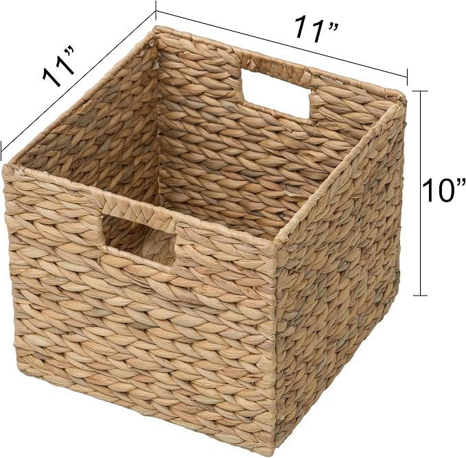 Large Square Woven Hyacinth Wicker Pantry Storage Baskets, Set of 4 | 11"x11"x10", Natural, Iron Wire Frame - Image 6