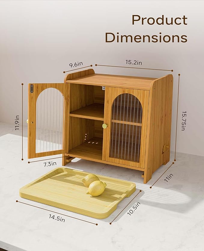 Bread Box for Kitchen Countertop, Large Double Layer Wooden Bread Storage Container with Acrylic Window, Adjustable Air Vents & Built-In Cutting Board, Pantry Organizer - Image 3