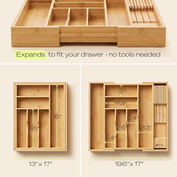 Drawer Organizer for Kitchen Organization – Expandable Bamboo Silverware Drawer Organizer with Removable Knife Block, Bamboo Cutlery, Non-Slip Utensil Organizer with 7-Slot Knife Storage for Flatware - Image 2