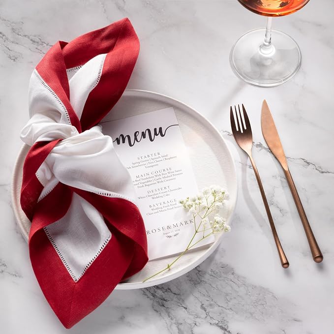 Linen Napkins 20 x 20 inch - 100% Flax Linen White and Red Dinner Napkins Cloth Set of 4 - Hemstitch Napkins Cloth Washable for Valentines Day, Winter and Spring Decor - Image 2