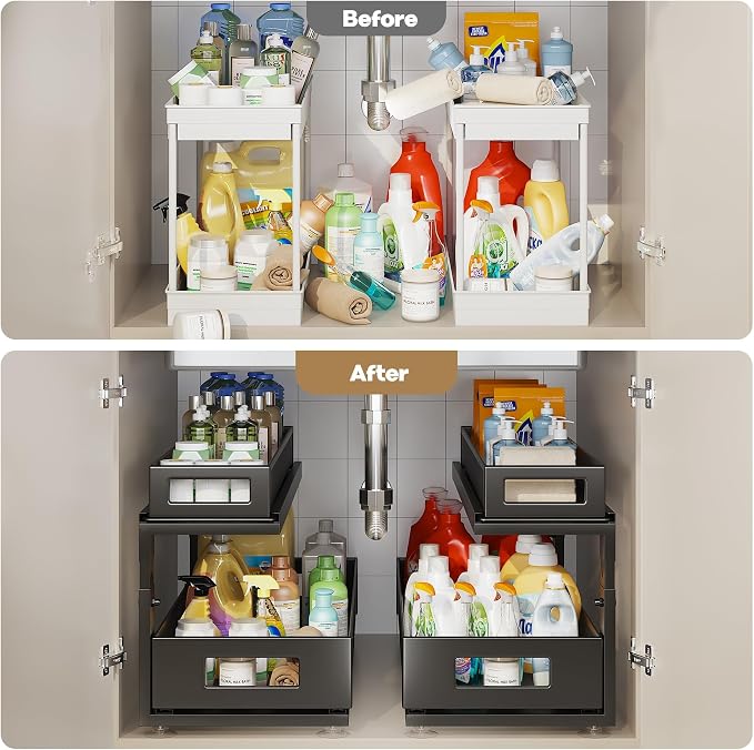 2 Pack 21.3IN-Depth Under Sink Organizer with Next-Gen Ball-Bearing Slides,2-Tier Pull Out Cabinet Storage,Height Adjustable Drawer Shelf for Bathroom,Kitchen,Laundry,Cabinet,Pantry-Black - Image 6