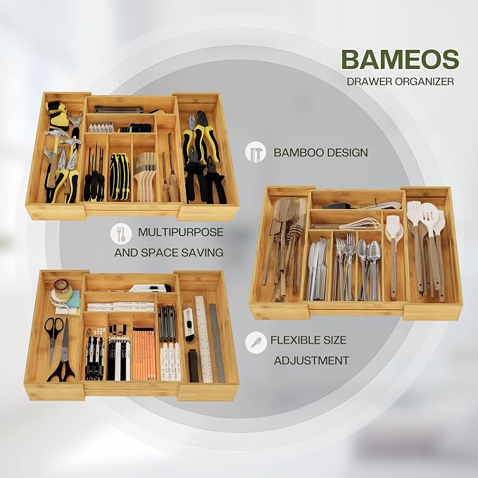 BAMEOS 3.9inch Tall Bamboo Drawer Organizer, Expandable Utensil Holder with 8 Compartments, Adjustable Kitchen Drawer Divider for Flatware, Silverware and Gadgets, Deep Storage for Home and Office - Image 4