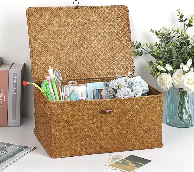 Hipiwe Wicker Shelf Baskets Bin with Lid Handwoven Storage Basket, X-Large | Rectangular Basekts Bins Natural Seagrass Household Basket Boxes for Shelf Wardrobe Home Organizer, Caramel - Image 4
