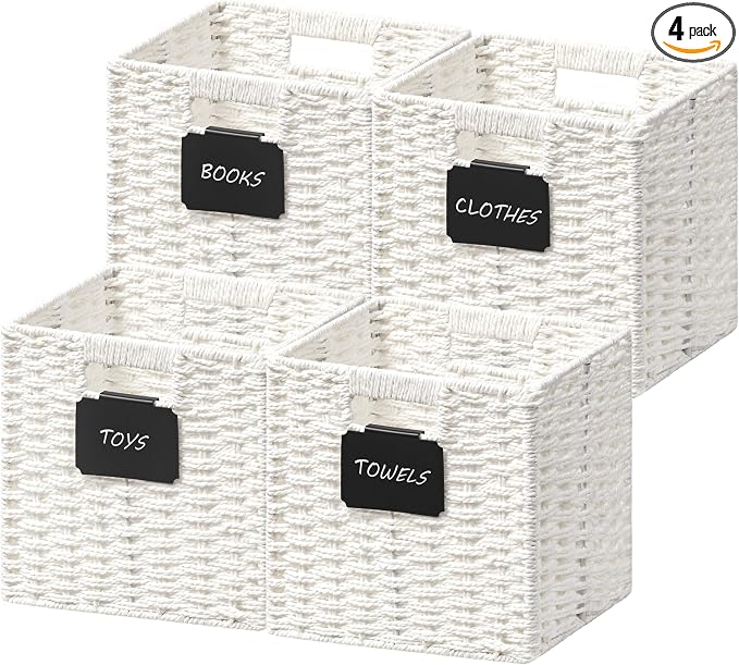 UBBCARE 4 Pack Small Wicker Basket, 9×9 Storage Cubes with Label, Foldable Cube Storage Bin with Handle, Square Storage Basket for Shelves, Woven Paper Rope Basket for Organizing, White by UBBCARE