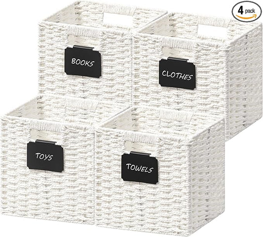 UBBCARE 4 Pack Small Wicker Basket, 9×9 Storage Cubes with Label, Foldable Cube Storage Bin with Handle, Square Storage Basket for Shelves, Woven Paper Rope Basket for Organizing, White by UBBCARE
