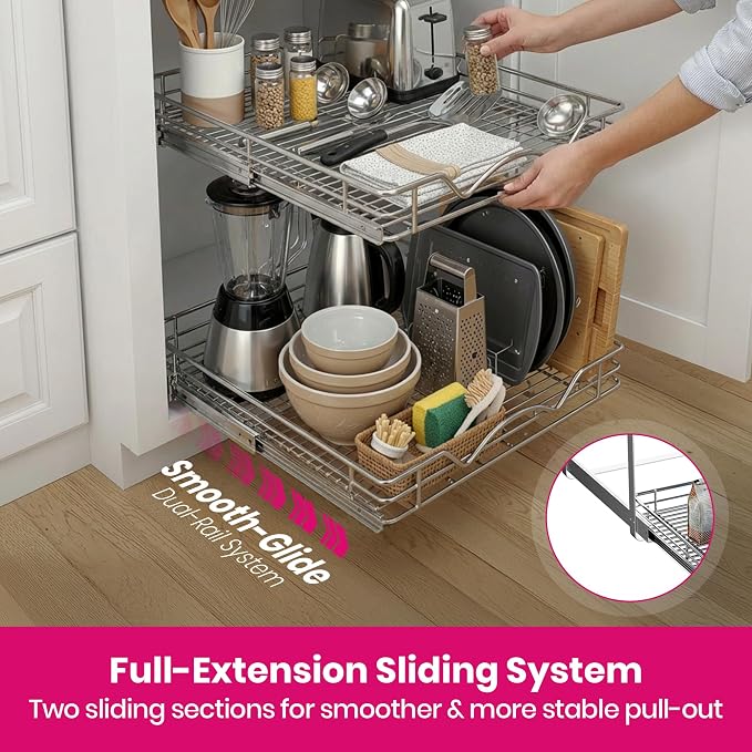 2-Tier Pull-Out Cabinet Organizer for Kitchen, 14" W x 21”D x 16.5" H | Full-Extension Sliding Shelves, Holds 100 lbs, Easy Install for Kitchen, Pantry & Under Sink Cabinets - Image 5