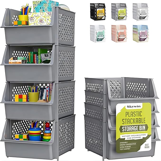 Skywin Stackable Storage Bins Open Front for Pantry Storage, 4 Pack - Grey | Sturdy Plastic, Easy Stacking, Open Front Access, Ventilated Sides, Vertical & Space Saving Pantry Organizers and Storage Bin by Skywin