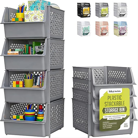 Skywin Stackable Storage Bins Open Front for Pantry Storage, 4 Pack - Grey | Sturdy Plastic, Easy Stacking, Open Front Access, Ventilated Sides, Vertical & Space Saving Pantry Organizers and Storage Bin by Skywin
