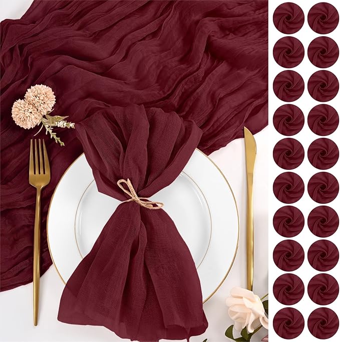 100 Pack Burgundy Cloth Napkins 20x20 Inch Cheesecloth Napkins | Elegant Cloth Napkins for Table, Washable Rustic Boho Gauze Napkins, for Wedding Party Bridal Baby Shower Christmas Decor by Lumaycens