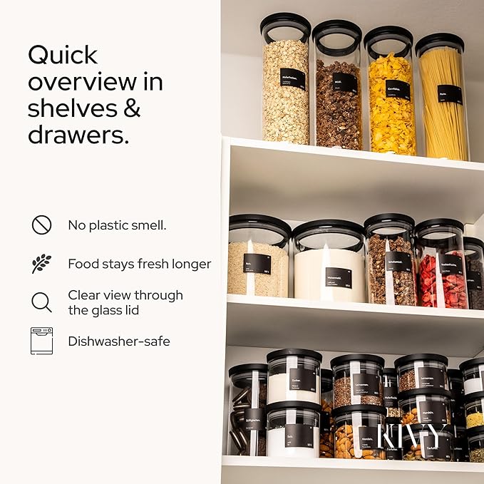 KIVY Glass spice jars transparent Glass Lid [6x 12oz] Stackable & Airtight small glass jars - Spice containers - Seasoning jars tea - Spice storage containers - Spice jars with black lids & labels - Image 5
