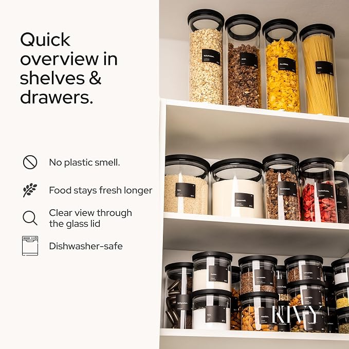 KIVY Airtight Glass Jars with Lids & Labels [4x 17oz] Stackable Glass storage jars with airtight lids - Black Glass Jars with airtight lid - Food Glass canisters with transparent lids - Image 5