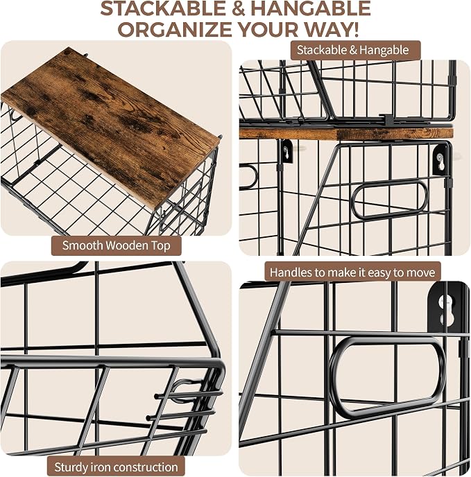 Delamu Stackable Metal Fruit Basket with Wood Lid 3 Pack, Hanging Wall Organizer for Kitchen Counter, Pantry Storage for Onions, Potatoes, Garli, Fruits, Spices, Black - Image 7