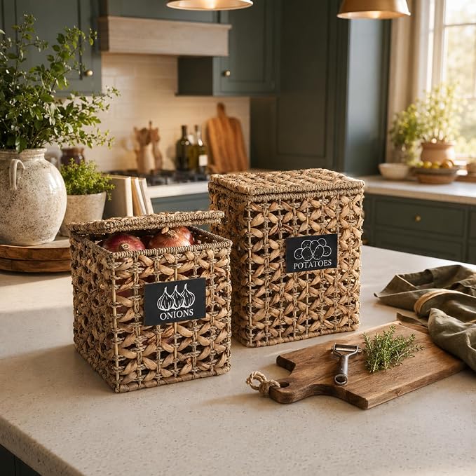 2 Pack Potato and Onion Storage Bin, Stackable Woven Basket with Lid, Vegetable Fruit Basket for Kitchen Counter, Produce Holder with Aerating Holes, Pantry Organizers and Storage, Metal - Image 7