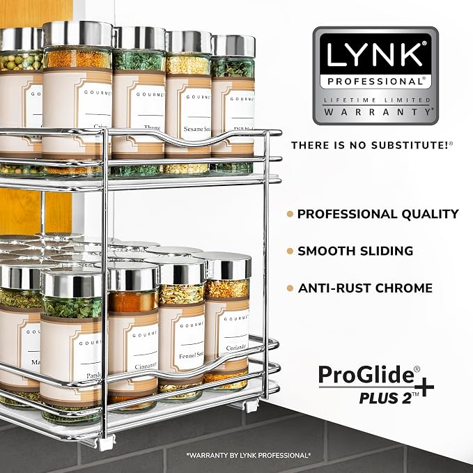 LYNK PROFESSIONAL® Pull Out Spice Organization for Cabinets - 8-3/8 inch Wide – Spice Rack for Inside Cabinets, Slide Out Spice Rack Organizer for cabinet – Pull Out Spice Rack, Sliding 2 Tier Chrome - Image 2