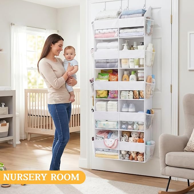 Over The Door Organizer 5 Tiers, Extra Large Behind Door Storage of 10 Compartments, 80 lbs Weight Capacity Hanging Storage Organizer with Clear Window Kids Toys, Shoes,Diapers, Room Storage, White - Image 7