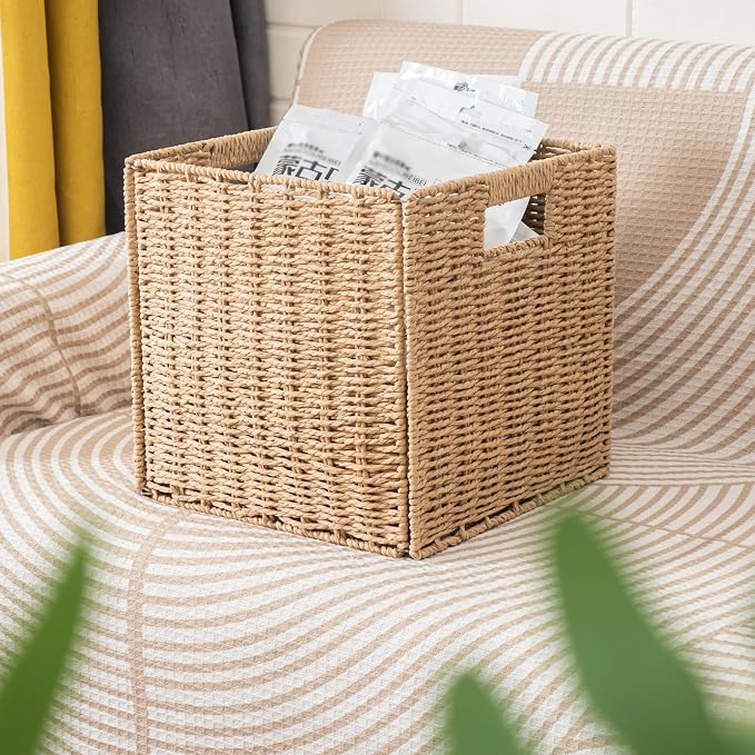 Foldable Storage Cube Bins Set of 4, Paper Woven Square Baskets, Natural, 11" x 11" x 11" - Image 6