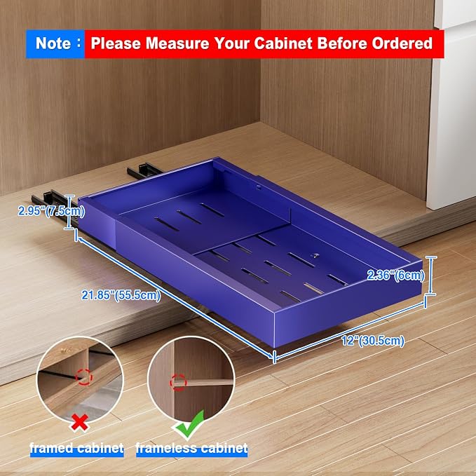 Mustorn 2 Pack Pull Out Cabinet Organizer,21.8" Deep Slide Out Drawer for Cabinets Adhesive Pull Out Drawers Heavy Duty Pull Out Shelves for Kitchen,Cupboard,Pantry,Bathroom-Blue - Image 2